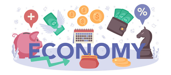 Economy typographic header. Business people work with budjet
