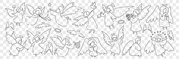 Obraz premium Angel creatures with wings and halo doodle set. Collection of hand drawn looks little angels of saint characters playing musical instruments taking care of birds isolated on transparent background