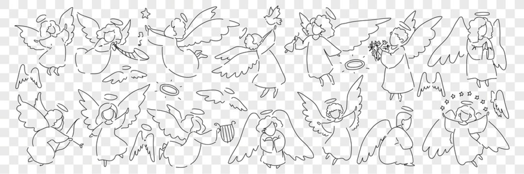 Angel creatures with wings and halo doodle set. Collection of hand drawn looks little angels of saint characters playing musical instruments taking care of birds isolated on transparent background