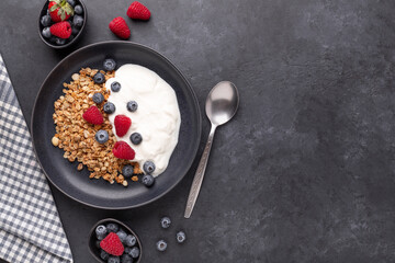 Healthy breakfast with baked granola and greek yogurt. Assorted fresh berries - Image