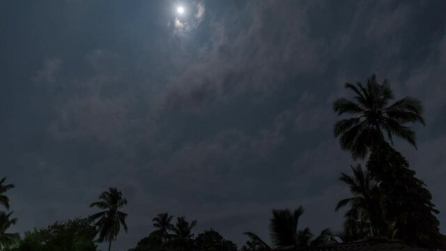 Full moon moving in the night sky against the background with silhouettes of palm trees