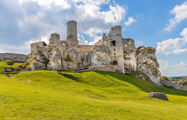 Panoramic view of medieval Ogrodzieniec Castle, part of Eagles’ Nests Trail at Cracow-Czestochowa upland in Podzamcze of Silesia region of Poland