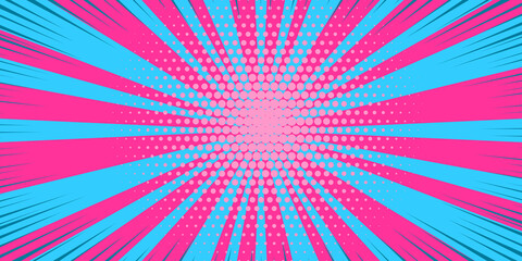 Pop art blue pink comics book cartoon magazine cover. Cartoon funny retro pattern strip mock up. Vector halftone illustration. Vintage backdrop for comic superhero text, speech bubble, message.