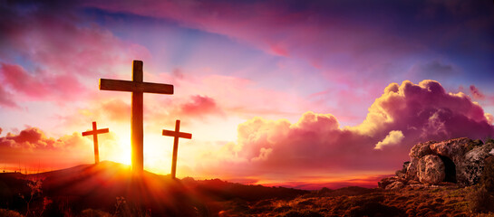 Crucifixion And Resurrection of Jesus at Sunrise - obrazy, fototapety, plakaty
