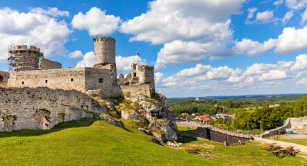 Panoramic view of medieval Ogrodzieniec Castle, part of Eagles’ Nests Trail at Cracow-Czestochowa upland in Podzamcze of Silesia region of Poland