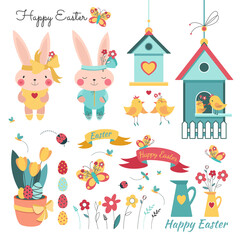 Happy Easter set on a white background. Bunnies with flowers, ribbons and butterflies. Bird house with birds. Holiday design collection for banner, invitation, poster, stickers.
