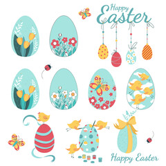 Easter eggs with flowers, birds and butterfly on a white background. Happy Easter. Holiday design collection for banner, invitation, poster.