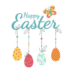 Happy Easter lettering set with colorful eggs for invitation, banner, poster. Happy Easter text isolated on a white background.  