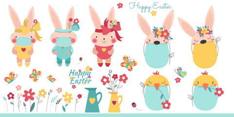 Happy Easter set. Rabbits in a medical mask. Easter eggs with flowers and butterfly. Spring holiday. 