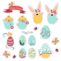 Happy easter sticker set. Easter eggs with rabbit and chicken with flowers  on a white background. Red ribbon. Spring holiday. 