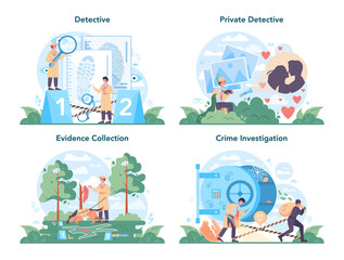 Professional detective concept set. Agent investigating a crime place
