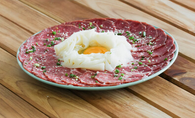 set slice meat pork beef on wooden background