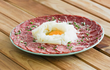 set slice meat pork beef on wooden background