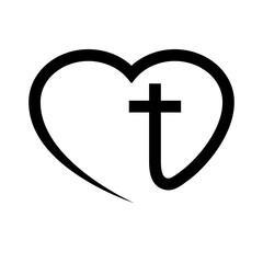 Fototapeta premium Amor cristiano. Logotipo con cruz en corazón con lineas en color negro