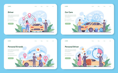 Drive service web banner or landing page set. Automobile cab with driver inside.