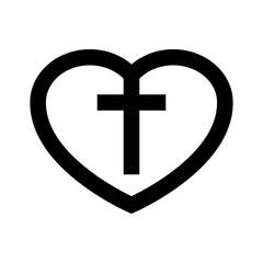 Amor cristiano. Logotipo con cruz en corazón con lineas en color negro