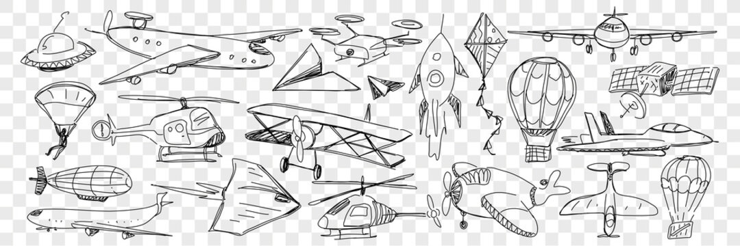 Various air vehicles during flight doodle set. Collection of hand drawn planes helicopters air balloons kites airplanes flying saucer parachute isolated on transparent background
