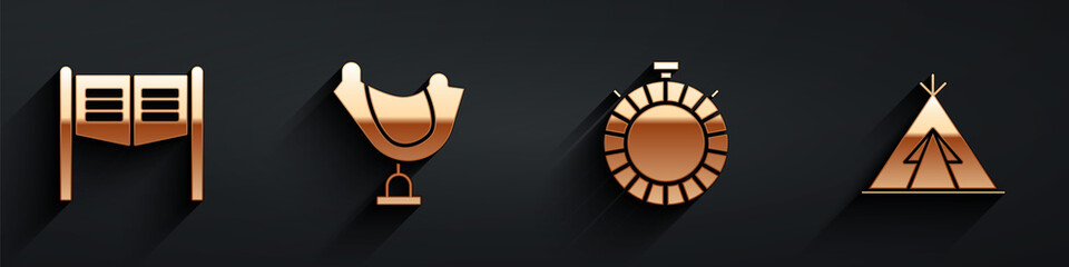 Set Saloon door, Wild west saddle, Canteen water bottle and Indian teepee or wigwam icon with long shadow. Vector. © Vadim