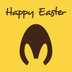 Logotipo con texto manuscrito Happy Easter con silueta de orejas de conejo en huevo de pascua en afiche de color amarillo