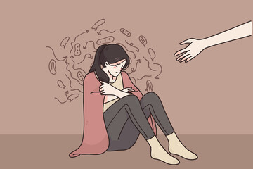 Helping hand, support, depression concept. Someone giving hand to depressed crying unhappy woman sitting on floor with negative thoughts in blanket vector illustration 