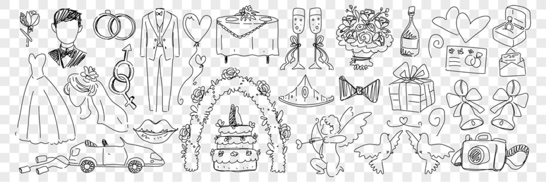 Wedding marriage accessories doodle set. Collection of hand drawn rings costumes angels cake wedding car champagne and festive attributes for celebrating wedding isolated on transparent background
