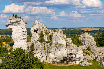 Limestone rocks surrounding medieval Ogrodzieniec Castle, part of Eagles’ Nests Trail at Cracow-Czestochowa upland in Podzamcze of Silesia region of Poland