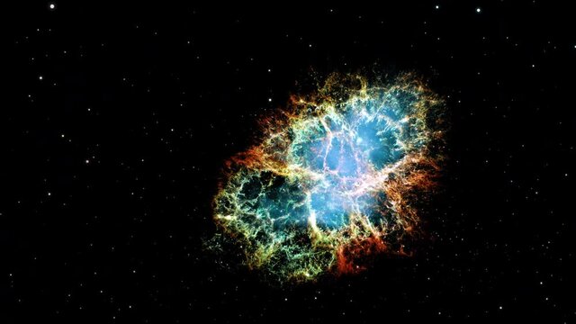 Crab nebula NGC 1952 exploration on deep space. Flight Into the Crab Nebula Pulsar supernova galaxy animation. Traveling through star fields and galaxies  space. Elements furnished by NASA image.