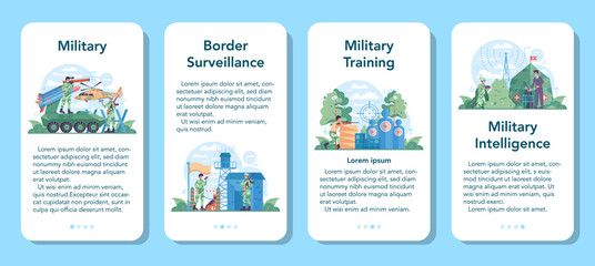 Soldier mobile application banner set. Millitary force employee