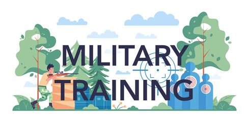 Fototapeta premium Military training typographic header. Millitary force employee in camouflage
