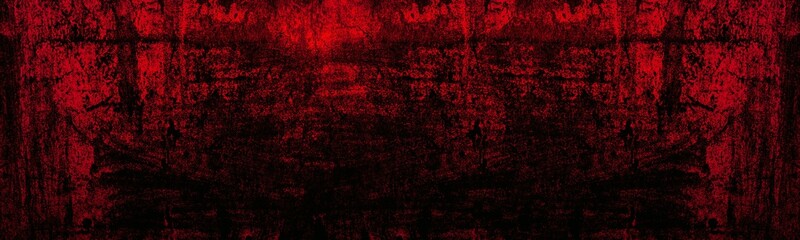 Old scratched bright red paint surface wide texture. Dark scarlet color gloomy grunge abstract widescreen background - obrazy, fototapety, plakaty