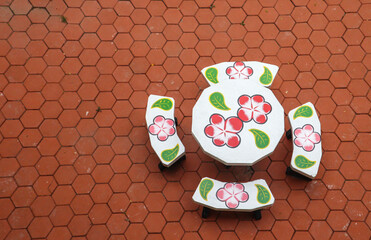 Aerial view of Hexagonal floor And Bare cement table