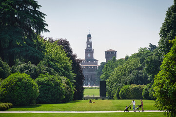 Panoramic view of Parco Sempione, Sempione Park with Castello Sforzesco, Sforza Castle in the background