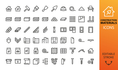 Construction materials isolated icon set. Set of building tools, blocks, floor and roof materials, door, window, cement bag, tile adhesive, house siding, timber, drywall, metal profile vector icons