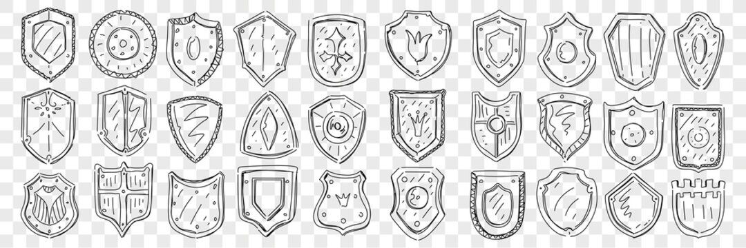 Coat of arms and symbols doodle set. Collection of hand drawn heraldic symbols on coat of arms of different shapes with patterns and family flowers on shields isolated on transparent background