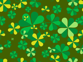 Clover seamless pattern for Saint Patrick's Day. Four-leafed and three-leafed clover. Background for printing on paper, advertising materials and fabric. Vector illustration