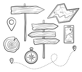 Camping set. Wooden pointers, map and compass in minimalistic doodle style. © Elena