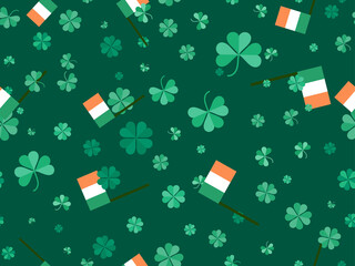 Clover and Irish flag seamless pattern for Saint Patrick's Day. Four-leafed and three-leafed clover. Background for printing on paper, advertising materials and fabric. Vector illustration