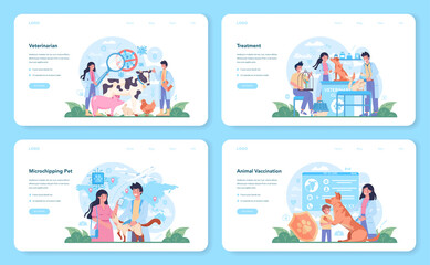 Pet veterinarian web banner or landing page set. Veterinary doctor