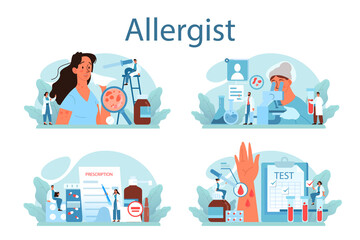 Fototapeta premium Allergist concept set. Disease with allergy symptom, medical allergology