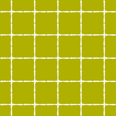 Simple squares repeating regular grid pattern in rough-edged white outline against gold colored background, vector illustration