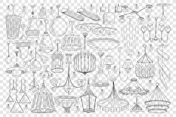 Fototapeta na wymiar Chandeliers for home decoration doodle set. Collection of hand drawn elegant chandeliers light equipment for decorating home of various sizes and shapes isolated on transparent background