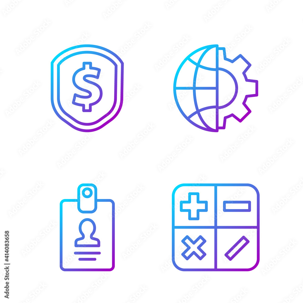 Poster set line calculator, identification badge, shield with dollar and globe of the earth and gear. gradi