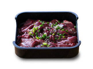 fresh raw offal sliced on square plate isolated on white background, shabu, hot pot ingredients