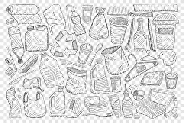 Reusable household and materials for home doodle set. Collection of hand drawn toothbrush hangers sacks baskets canisters tubes and jars for keeping things at home isolated on transparent background