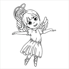 Dancing angel girl. Wings and halo. Child dressed as an angel. Coloring book Simple drawing in pastel colors. Vector illustration drawn in cartoon style isolated on white background