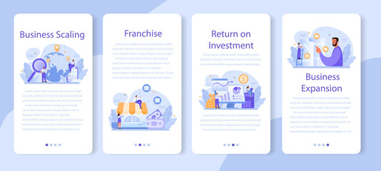 Business scaling mobile application banner set. Franchise business expansion