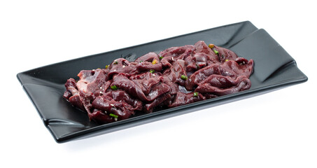 fresh raw liversliced on square plate isolated on white background, shabu, hot pot ingredients