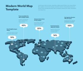 Modern 3d world map infographic template with colorful pointer marks - blue version. Easy to use for your design or presentation.
