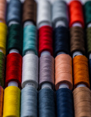 Threads of different colors on spools, evenly laid in rows. Vertical photography