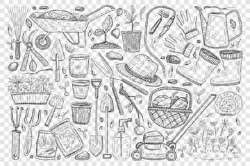 Farmers tools for gardening doodle set. Collection of hand drawn shovel basket hats and boots scissors watering can rake for taking care of plants in garden isolated on transparent background